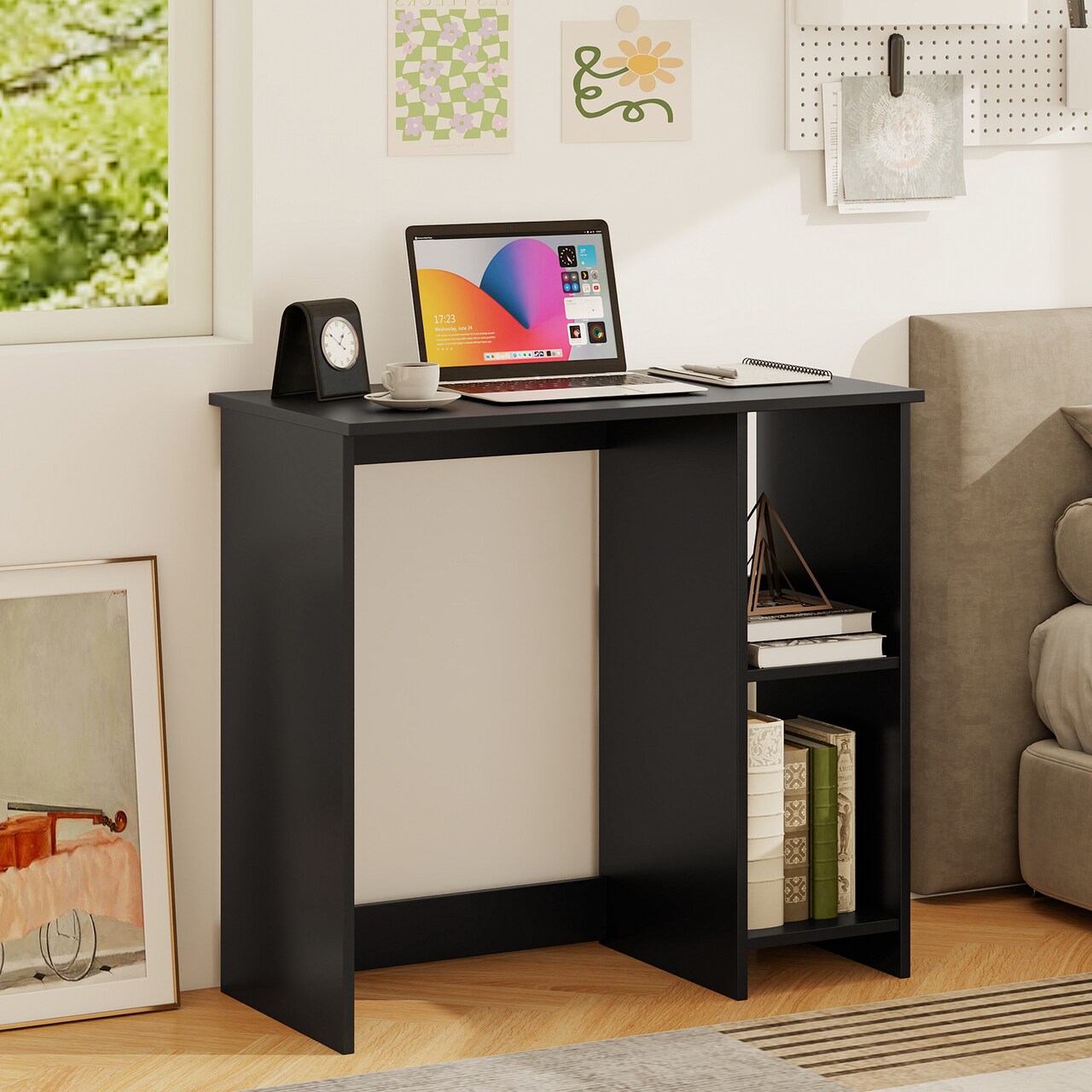 31.5 Inch Modern Black Wooden Laptop Desk with 2-Tier Storage Shelf for Small Home Office